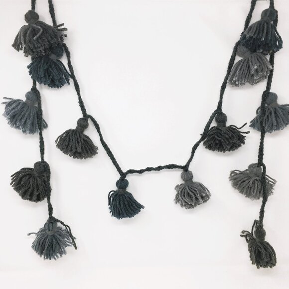 Handmade Grey Steel Blue Wool Tassel Crocheted Cord Folk Art Garland - Picture 1 of 16